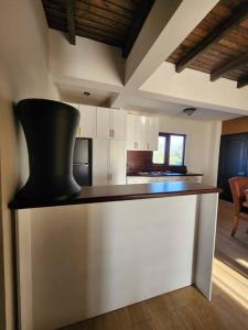 a kitchen with a counter with a black object on it at Apartamento 1 Premiere de Occidente in Quetzaltenango