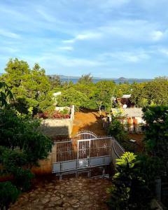 Elle offre une vue sur un jardin avec une clôture et des arbres. dans l'établissement Villa baobab, à Ramena