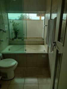 ein Badezimmer mit einer Dusche, einem WC und einer Badewanne in der Unterkunft Casa em Ribeirão Preto Agrishow e Eventos in Ribeirão Preto