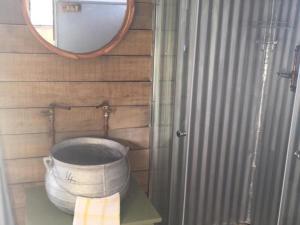 a bathroom with a toilet with a mirror and a shower at Tin Can Glamping Caravan in Underberg