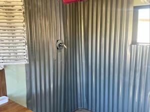 a shower in a bathroom with a shower curtain at Tin Can Glamping Caravan in Underberg