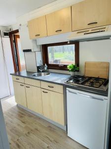 a kitchen with a stove and a sink at Ecolodge Over the Rainbow in Bocholt