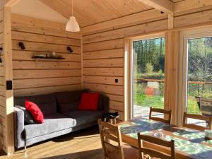 a living room with a couch and a table at 3pokoje - Domek lub Pokój pod lasem na odludziu, jacuzzi, sauna, kominek, Roztocze in Susiec