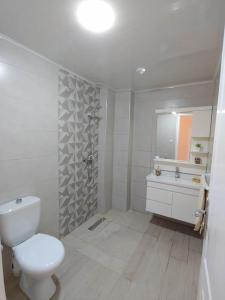 y baño con aseo, lavabo y espejo. en Appartement T2 avec terrasse et Vue mer à Béjaïa proche plage en Bugía