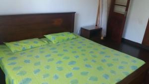 uma cama com um edredão verde e 2 almofadas em Lavania Villa em Attidiya