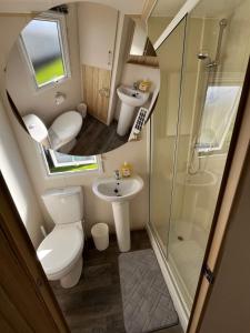 ein Badezimmer mit Toilette, Waschbecken und Dusche in der Unterkunft Spacious and modern - 134 UNITY BEACH HOLIDAY RESORT UNITY BREAN CENTRALLY LOCATED 6 birth 2 Pets stay free in Brean