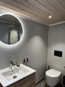 a bathroom with a white sink and a mirror at Gjørven Hytter in Flåm