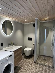 a bathroom with a sink and a washing machine at Gjørven Hytter in Flåm