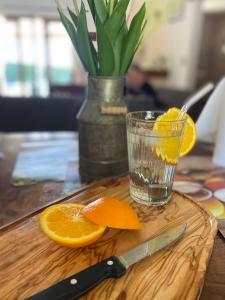 a cutting board with a glass of water and orange slices at Villa climatisée avec piscine in Pont-Saint-Esprit