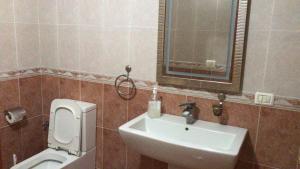 a bathroom with a sink and a toilet and a mirror at GOLD APARTMENTS in Durrës