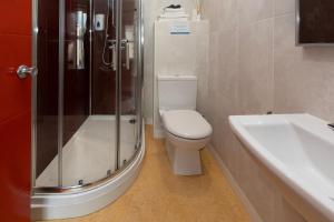 a bathroom with a toilet and a shower and a sink at Stornoway Bed and Breakfast in Stornoway