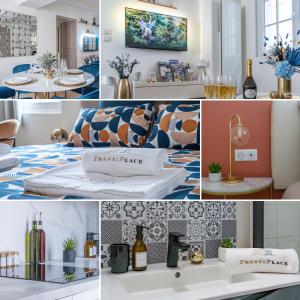 a collage of photos of a hotel room with a table and drinks at Le Saint-Martin - PrestiPlace Tours in Tours