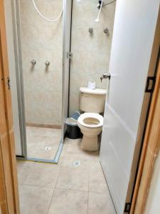 a bathroom with a toilet and a shower at Hotel Batan 127 in Bogotá