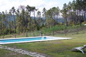 een zwembad in een veld met een stoel in het gras bij Casa di Palaia in Strada