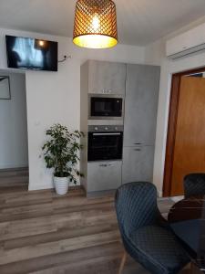 a living room with a stove and a microwave at Apartmani Delač in Vodice