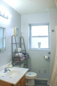 La salle de bains est pourvue d'un lavabo, de toilettes et d'une fenêtre. dans l'établissement 2 Bedroom East Carson Street Sanctuary, à Pittsburgh