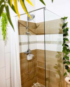 a bathroom with a shower with a shower curtain at Cocon des jardins - Bungalow & SPA in Gros-Morne