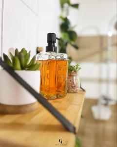 une bouteille d'huile sur une table avec une plante dans l'établissement Cocon des jardins - Bungalow & SPA, à Gros-Morne