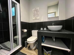 y baño con aseo, lavabo y ducha. en Entire Studio Apartment in Maboneng, en Johannesburgo