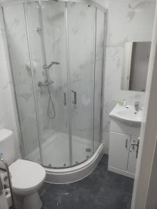 een badkamer met een douche, een toilet en een wastafel bij A&K Inn in Bournemouth