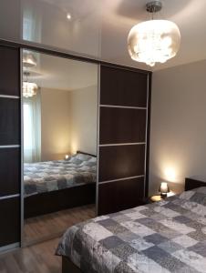 ein Schlafzimmer mit einem Bett und einem verspiegelten Schrank in der Unterkunft Vaidaugu Cosy Apartment, Klaipeda in Klaipėda