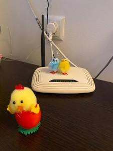 two birds sitting on top of a computer router at Сирена in Sveti Vlas