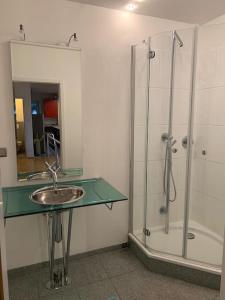 ein Bad mit einem Waschbecken und einer Dusche mit einem Spiegel in der Unterkunft Exclusive Ferienwohnung Monteurwohnung 8 Personen in Oberhausen