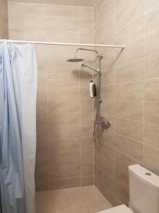 La salle de bains est pourvue d'une douche et de toilettes. dans l'établissement Villa dei Narcisi, à Solanas
