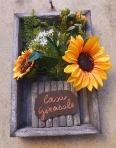 een foto van bloemen in een houten frame met een bord bij Casa Il girasole in Boccheggiano