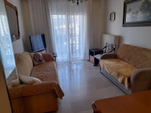 拉里薩的住宿－Ευρύχωρο και άνετο διαμέρισμα，客厅配有两张沙发和一台电视机