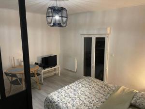 a bedroom with a bed and a table with a television at Studio One proche ligne 14 Kremlin Bicêtre in Arcueil