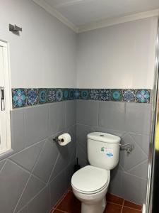 La salle de bains est pourvue de toilettes blanches et de carrelage bleu. dans l'établissement ALMAFUERTE, à Mijas