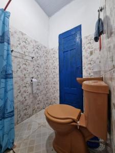 a bathroom with a brown toilet and a blue door at Canto da Sereia - Casa in Soure +4 photos