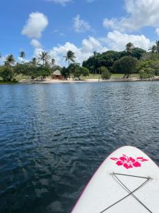 a paddle board on a body of water with palm trees at Glamping Bio-Dorf Cabana 1 in Trairi