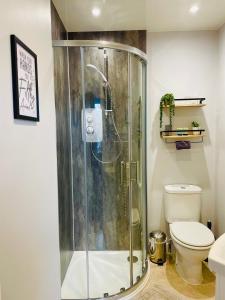 a shower in a bathroom with a toilet at Rivendell Guest House in Keswick