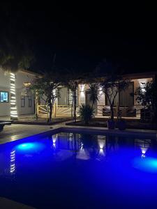 - une piscine avec des lumières bleues la nuit dans l'établissement KARA KEDİ VİLLA'S, à Kemer
