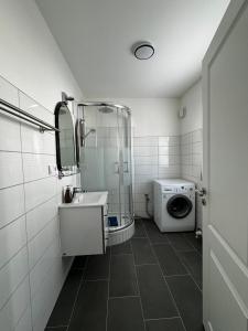 y baño con lavabo y lavadora. en Haus Ostseestrand36, en Timmendorfer Strand