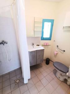 y baño con lavabo, aseo y ducha. en Résidence ILE DES PECHEURS - Maisons & Villas pour 6 Personnes 54, en Port Leucate