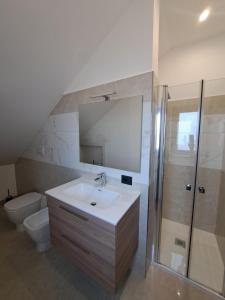 La salle de bains est pourvue d'un lavabo, de toilettes et d'une douche. dans l'établissement Villa Corina, à Vaccarizzo Albanese