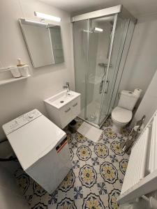 ein Bad mit einer Dusche, einem Waschbecken und einem WC in der Unterkunft Carre D'or: Very Central Calm Cozy 2BR, with Wi-Fi in Nizza