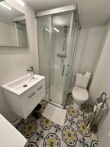 ein Bad mit einer Dusche, einem WC und einem Waschbecken in der Unterkunft Carre D'or: Very Central Calm Cozy 2BR, with Wi-Fi in Nizza