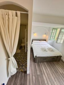 ein Schlafzimmer mit einem Bett und einem Vorhang darin in der Unterkunft Carre D'or: Very Central Calm Cozy 2BR, with Wi-Fi in Nizza