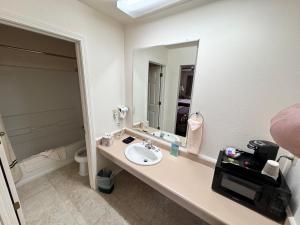 a bathroom with a sink and a mirror at Vista Del Rio Lodge in Chama