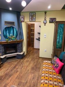 a living room with a couch and a fireplace at Bielawa Góry Sowie in Bielawa