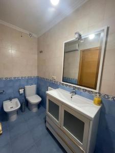 uma casa de banho com um lavatório, um WC e um espelho. em Apartamento con encanto en Cuntis em Cuntis