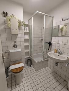 een badkamer met een douche, een toilet en een wastafel bij City Apartment & Lift - Hoeft in Wuppertal