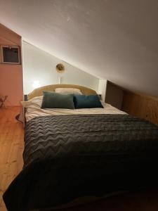 1 dormitorio con 1 cama grande con almohadas azules en Ubytování v Mníšku pod Brdy u lesa, en Mníšek pod Brdy