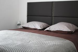 ein Schlafzimmer mit einem großen Bett mit zwei Kissen in der Unterkunft Maison avec jacuzzi et vue sur les penitents in Les Mées