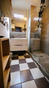 a bathroom with a checkered floor and a shower at Appartement des beaux-arts in Besançon