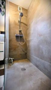 La salle de bains est pourvue d'une douche. dans l'établissement Appartement des beaux-arts, à Besançon